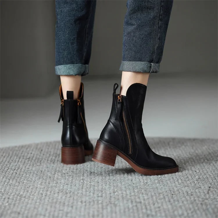Women's Ankle Boots with Leather Upper Block Heel and Double Side Zippers - Image 3