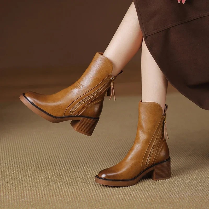 Women's Ankle Boots with Leather Upper Block Heel and Double Side Zippers - Image 5