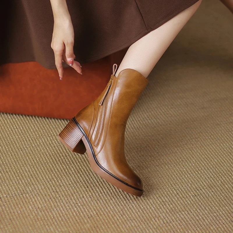 Women's Ankle Boots with Leather Upper Block Heel and Double Side Zippers - Image 7