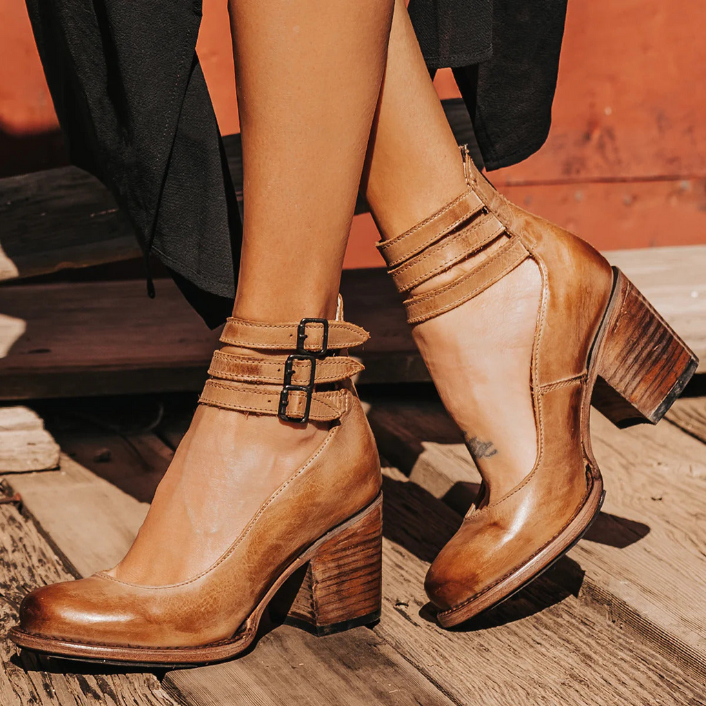 Women's Ankle Strap Block Heels with Strappy Leather Upper and Zip Closure - Image 1