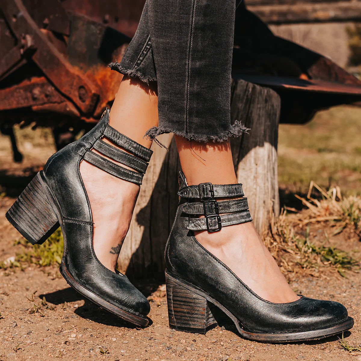 Women's Ankle Strap Block Heels with Strappy Leather Upper and Zip Closure - Image 2