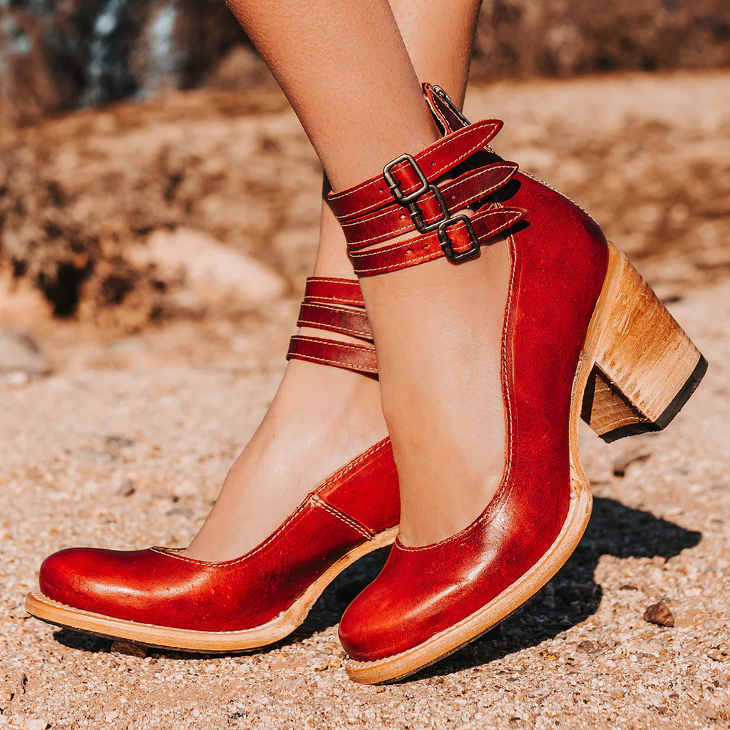 Women's Ankle Strap Block Heels with Strappy Leather Upper and Zip Closure - Image 5