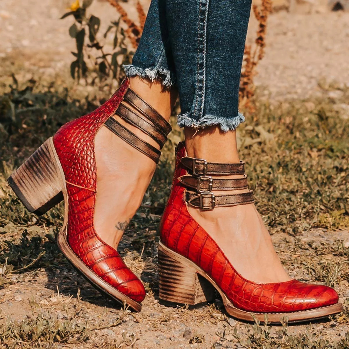 Women's Ankle Strap Block Heels with Strappy Leather Upper and Zip Closure - Image 7