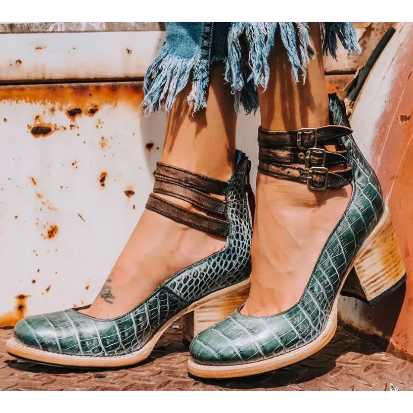 Women's Ankle Strap Block Heels with Strappy Leather Upper and Zip Closure - Image 8
