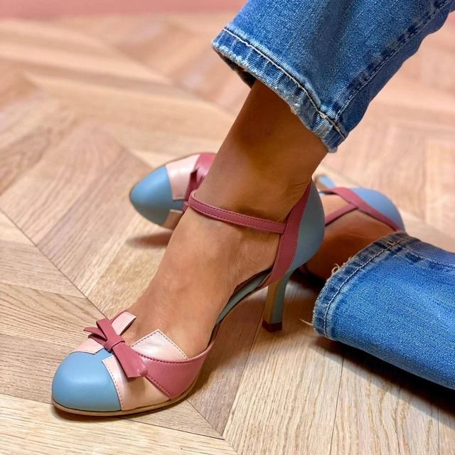 Women's Ankle Strap Bow Heels with Gold Buckle and Color Block Design - Image 1