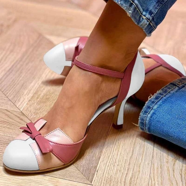 Women's Ankle Strap Bow Heels with Gold Buckle and Color Block Design - Image 2