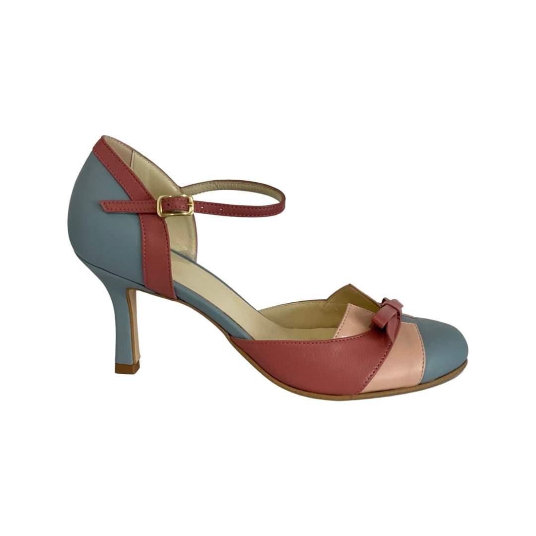 Women's Ankle Strap Bow Heels with Gold Buckle and Color Block Design - Image 4