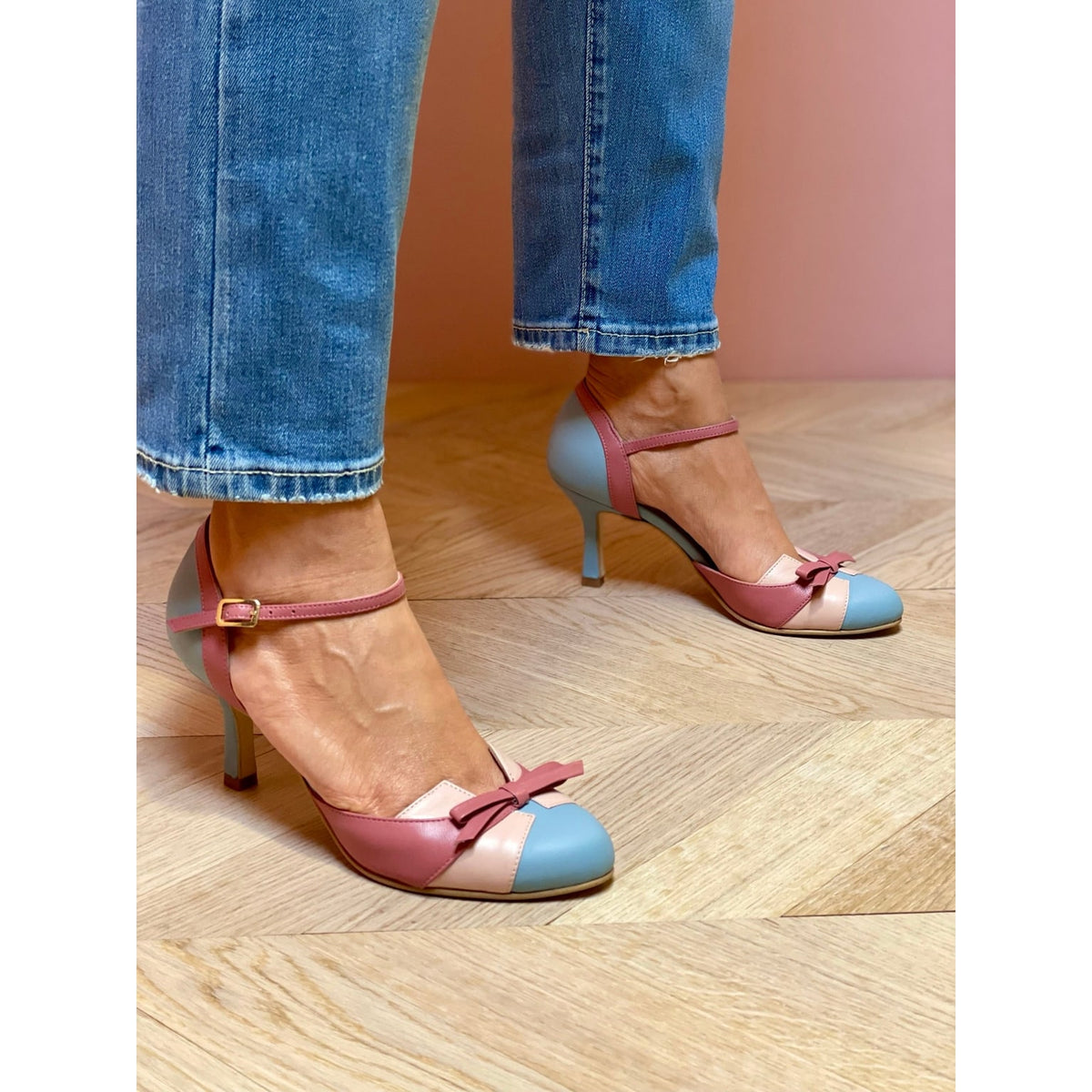 Women's Ankle Strap Bow Heels with Gold Buckle and Color Block Design - Image 6
