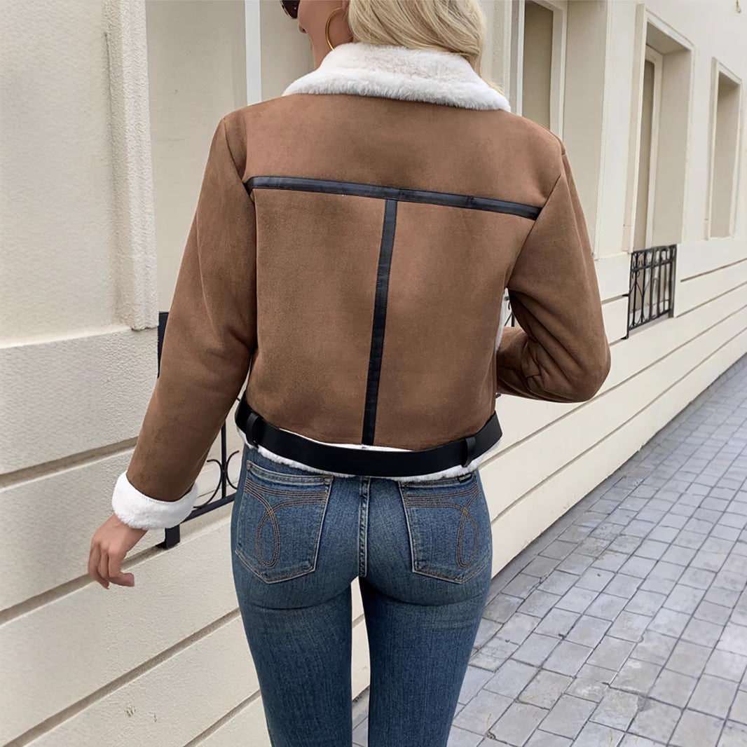 Women's Aviator Jacket Faux Leather Cropped with Shearling Lining and Belt - Image 4