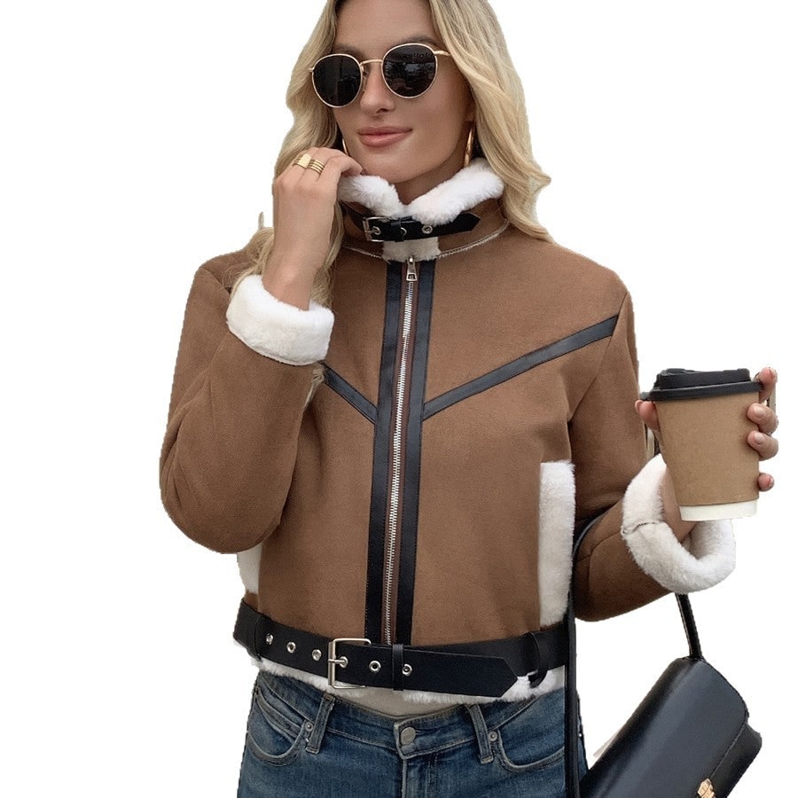 Women's Aviator Jacket Faux Leather Cropped with Shearling Lining and Belt - Image 5