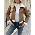 Women's Aviator Jacket Faux Leather Cropped with Shearling Lining and Belt - Image 6