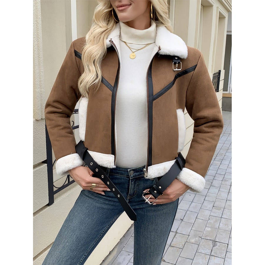 Women's Aviator Jacket Faux Leather Cropped with Shearling Lining and Belt - Image 6