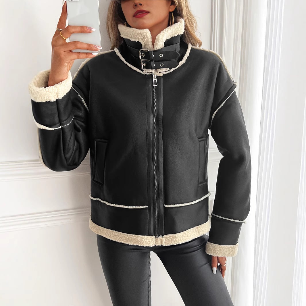 Women's Aviator Shearling Jacket Faux Leather with Buckle Collar - Image 1