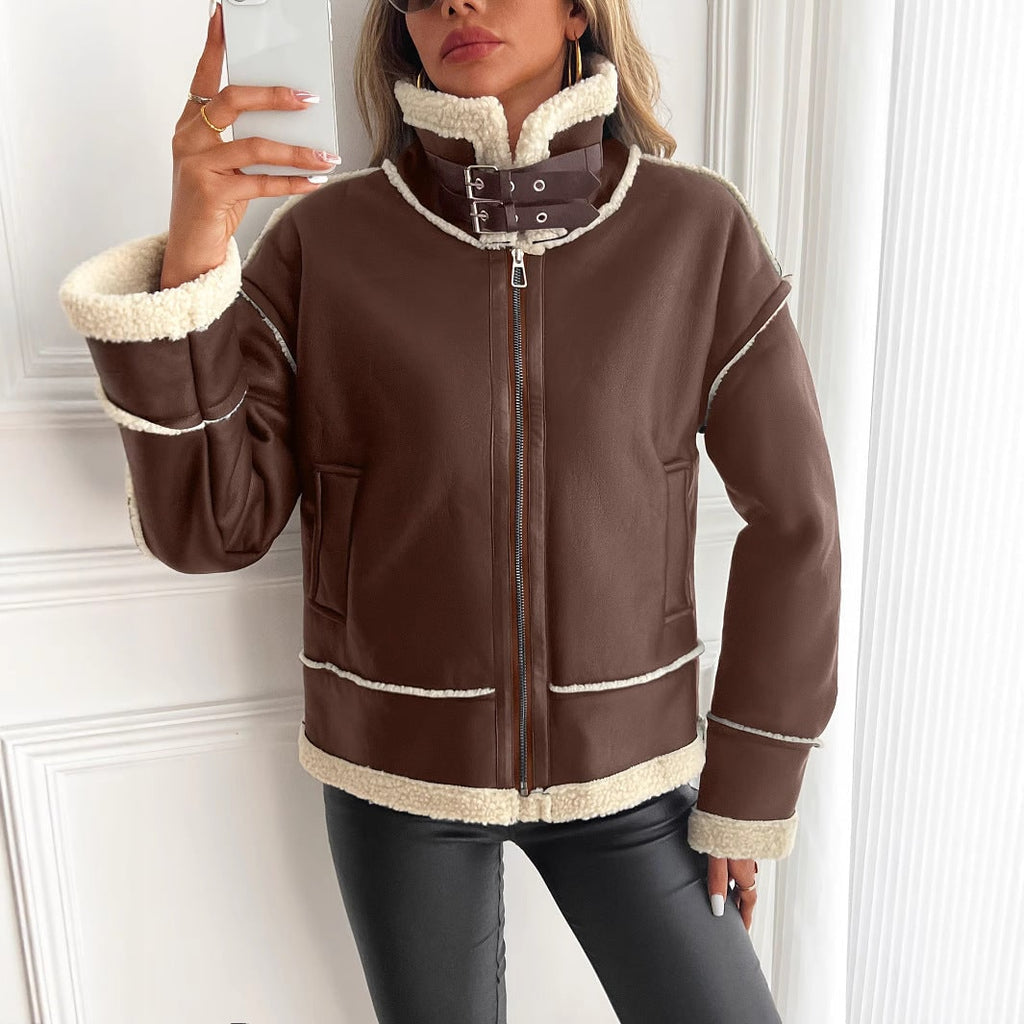 Women's Aviator Shearling Jacket Faux Leather with Buckle Collar - Image 3