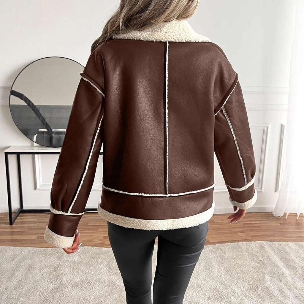 Women's Aviator Shearling Jacket Faux Leather with Buckle Collar - Image 4