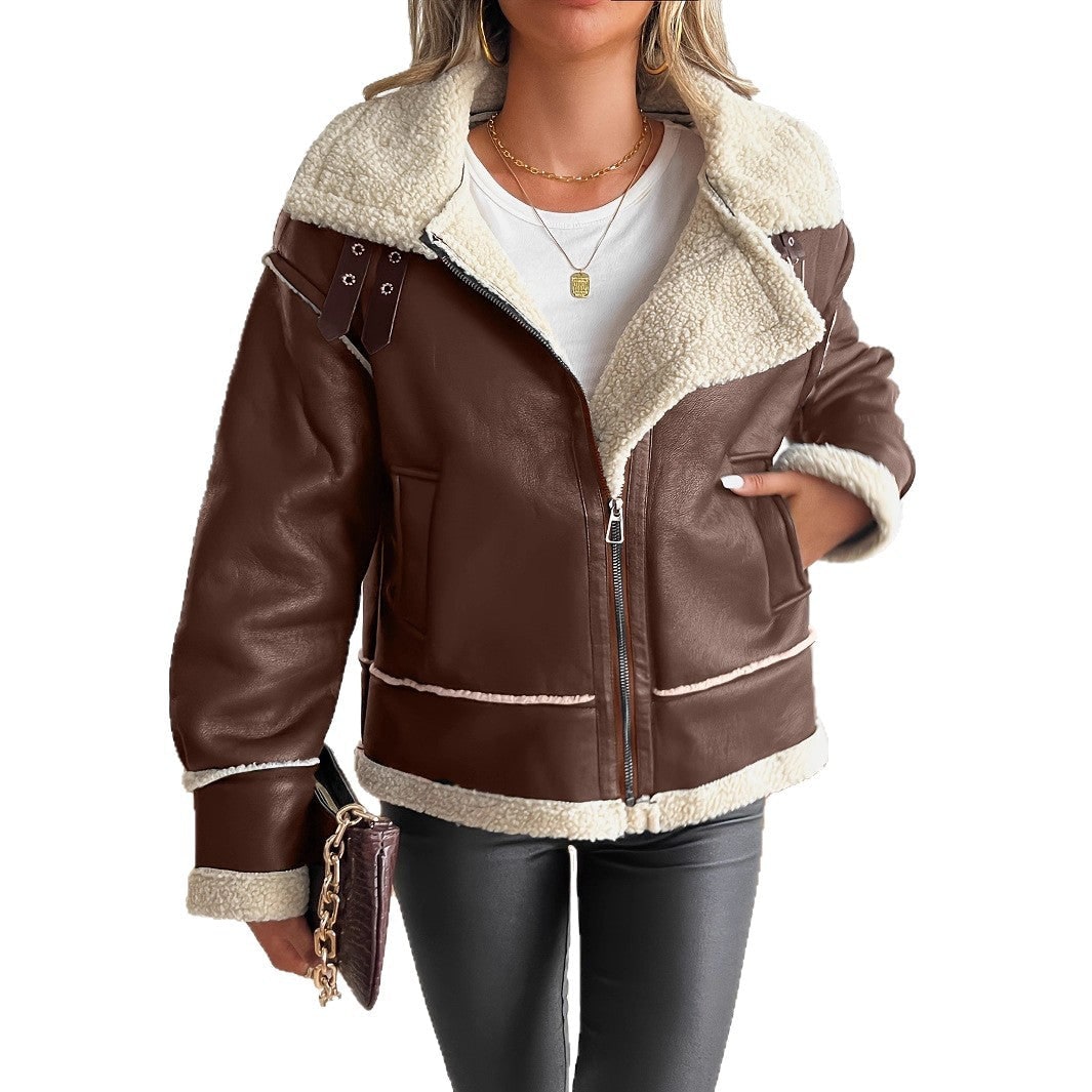 Women's Aviator Shearling Jacket Faux Leather with Buckle Collar - Image 5