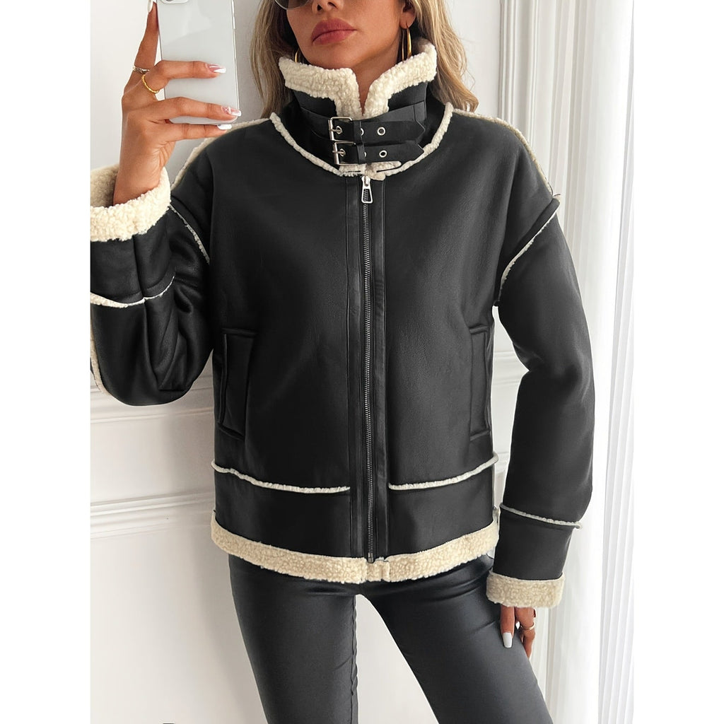 Women's Aviator Shearling Jacket Faux Leather with Buckle Collar - Image 6