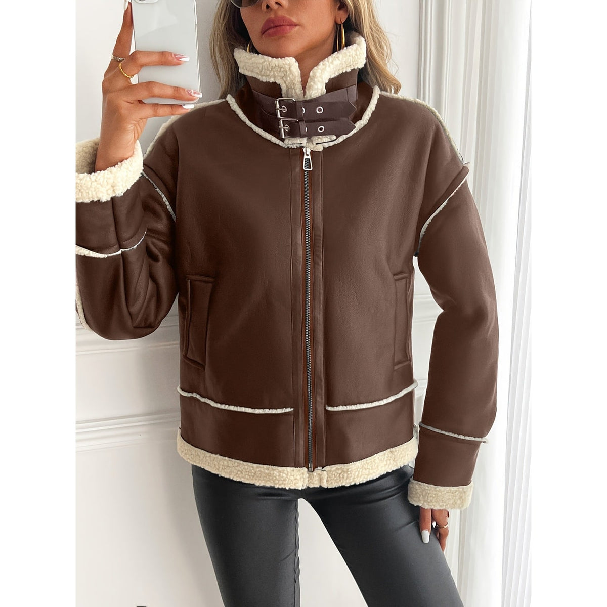 Women's Aviator Shearling Jacket Faux Leather with Buckle Collar - Image 7