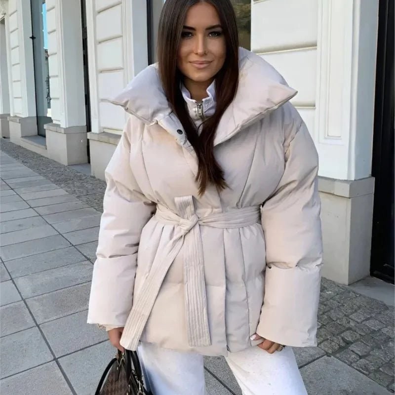 Women's Belted Puffer Jacket with High Collar and Quilted Oversized Fit - Image 1