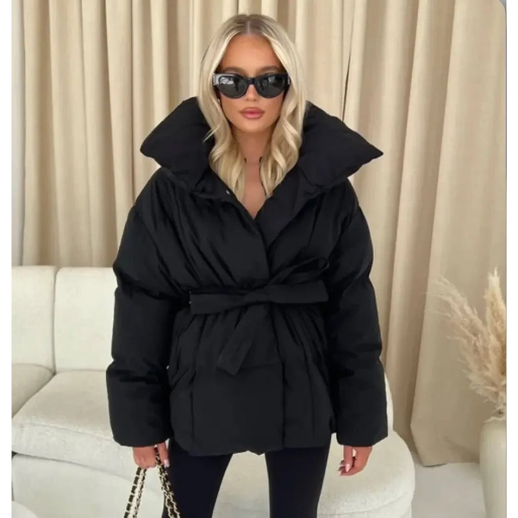Women's Belted Puffer Jacket with High Collar and Quilted Oversized Fit - Image 10