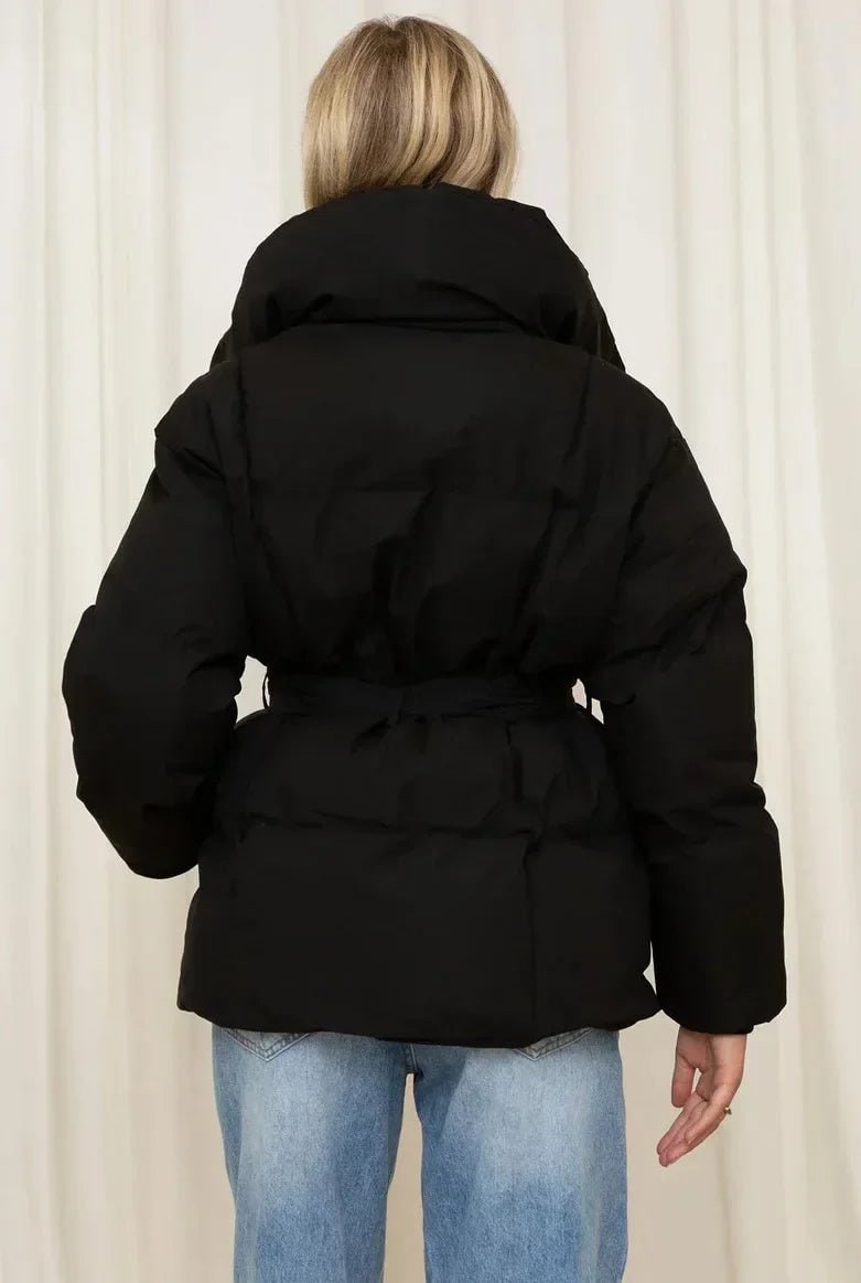 Women's Belted Puffer Jacket with High Collar and Quilted Oversized Fit - Image 11