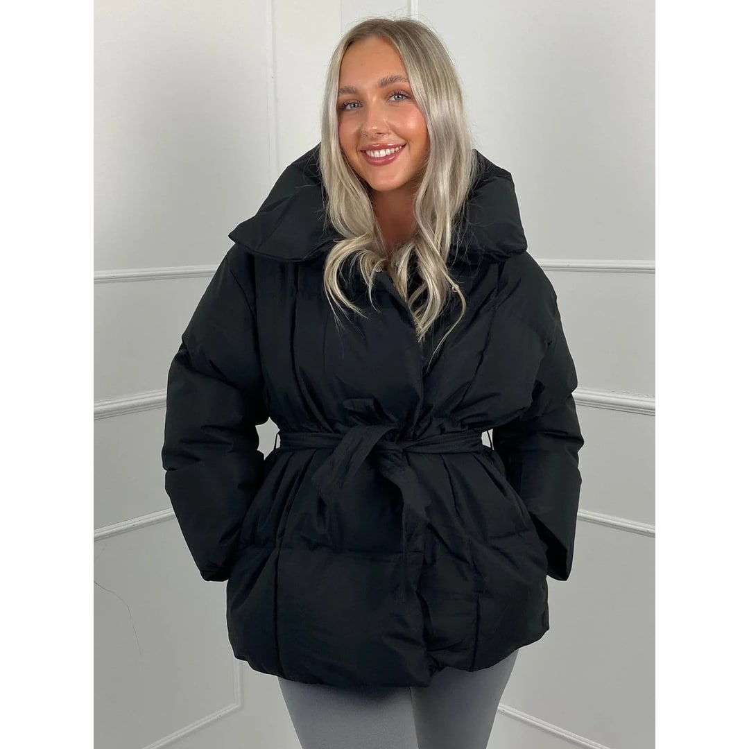 Women's Belted Puffer Jacket with High Collar and Quilted Oversized Fit - Image 12
