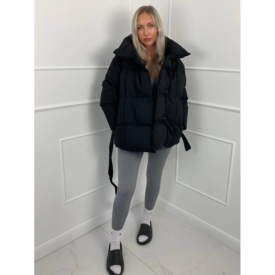 Women's Belted Puffer Jacket with High Collar and Quilted Oversized Fit - Image 13