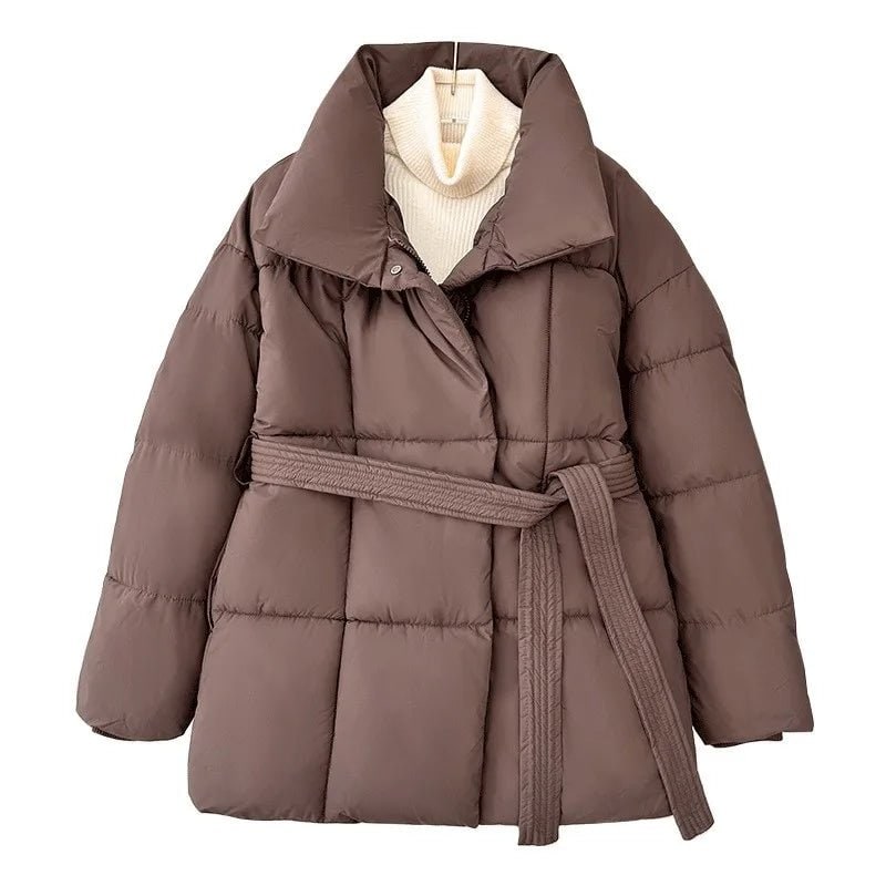 Women's Belted Puffer Jacket with High Collar and Quilted Oversized Fit - Image 15