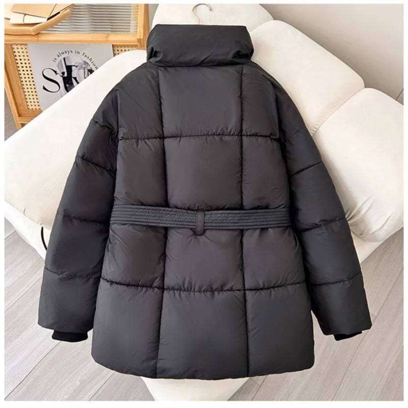 Women's Belted Puffer Jacket with High Collar and Quilted Oversized Fit - Image 16