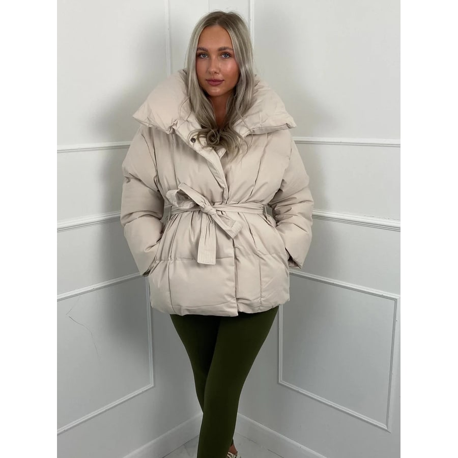 Women's Belted Puffer Jacket with High Collar and Quilted Oversized Fit - Image 2