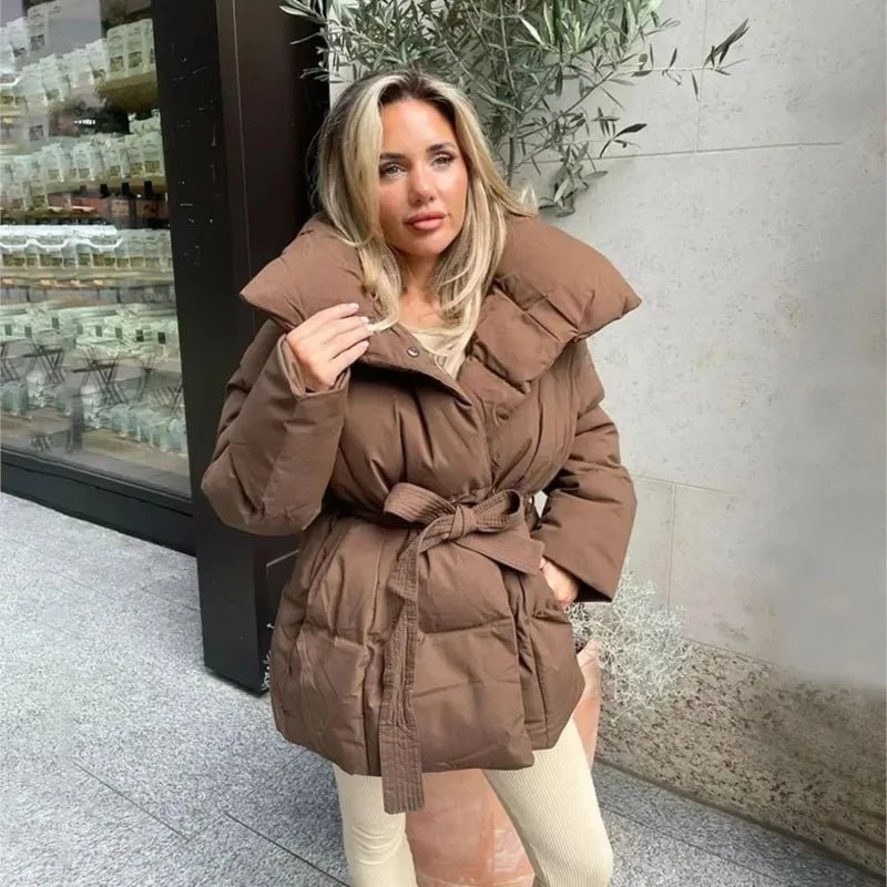 Women's Belted Puffer Jacket with High Collar and Quilted Oversized Fit - Image 5