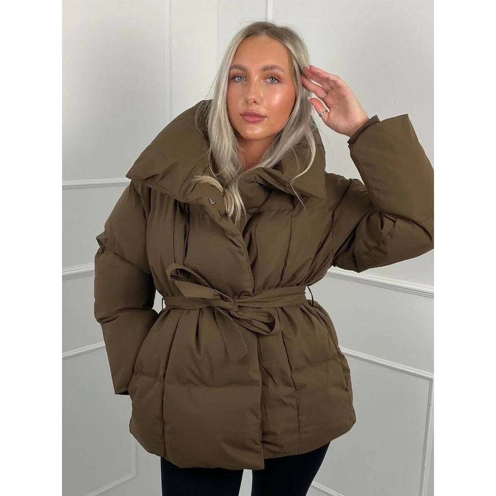 Women's Belted Puffer Jacket with High Collar and Quilted Oversized Fit - Image 6