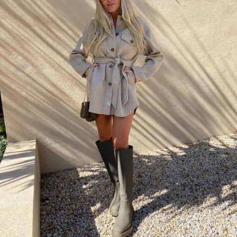 Women's Belted Shacket with Brushed Felt Button Front and Tortoiseshell Details - Image 1