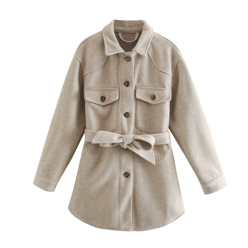 Women's Belted Shacket with Brushed Felt Button Front and Tortoiseshell Details - Image 3