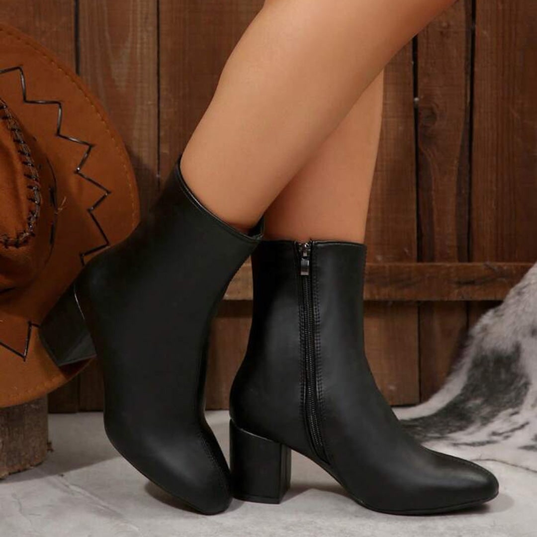 Women's Block Heel Ankle Boots with Side Zipper and Almond Toe - Image 4