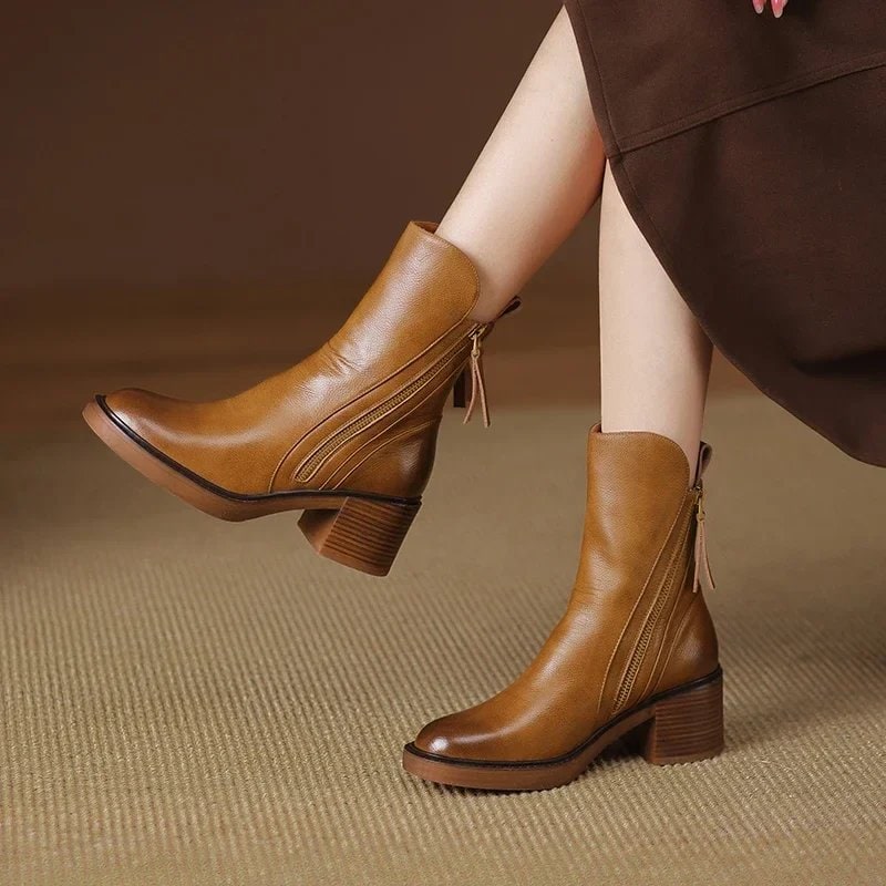 Women's Block Heel Ankle Boots with Side Zipper and Pull Tab - Image 1