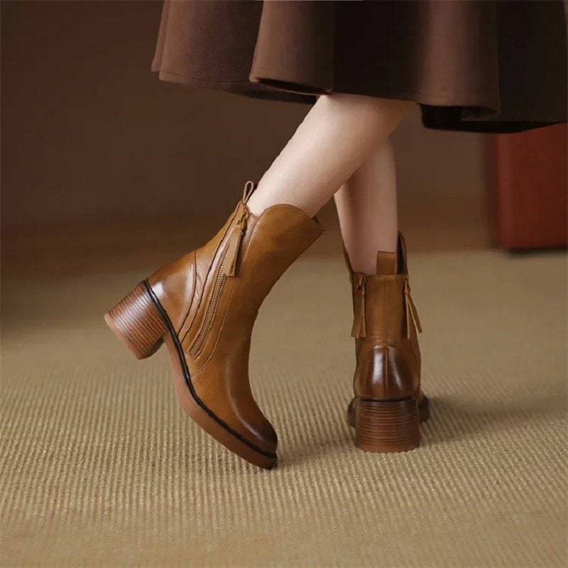 Women's Block Heel Ankle Boots with Side Zipper and Pull Tab - Image 3