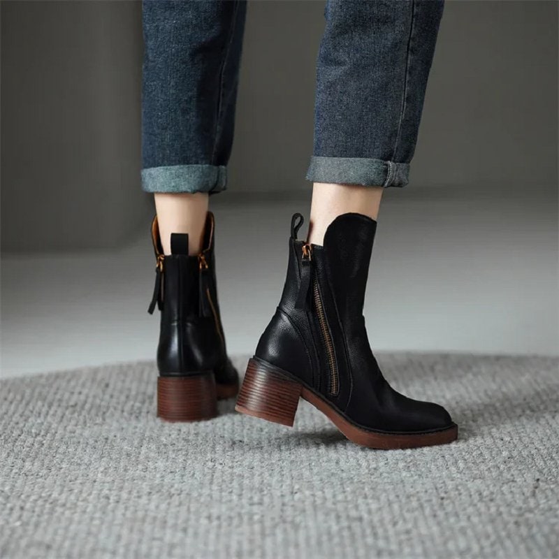Women's Block Heel Ankle Boots with Side Zipper and Pull Tab - Image 4