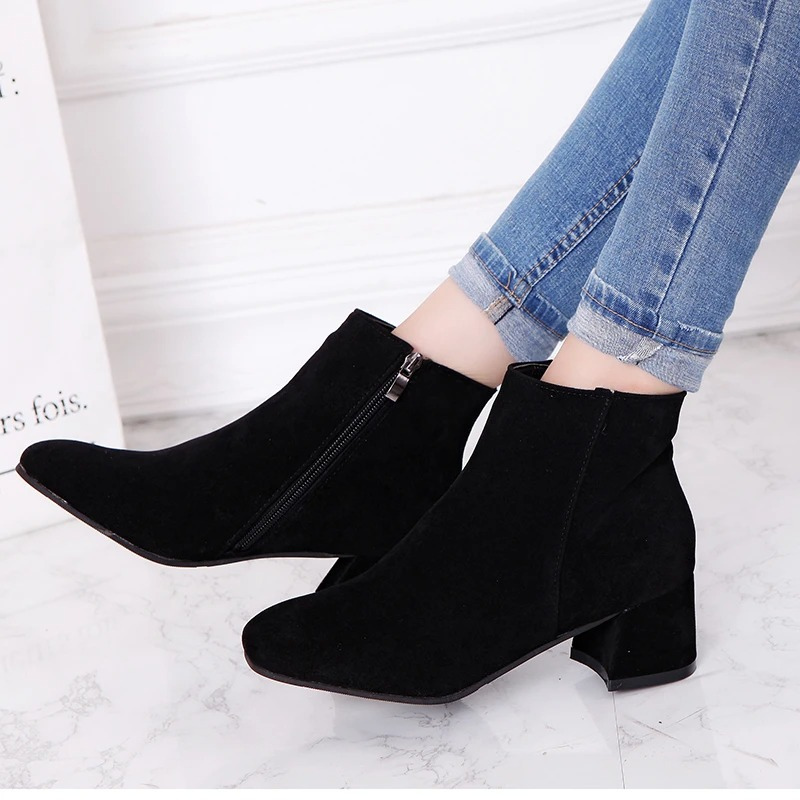 Women's Block Heel Ankle Boots with Zipper and Rounded Toe - Image 1