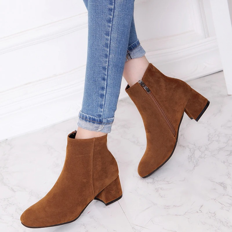 Women's Block Heel Ankle Boots with Zipper and Rounded Toe - Image 2