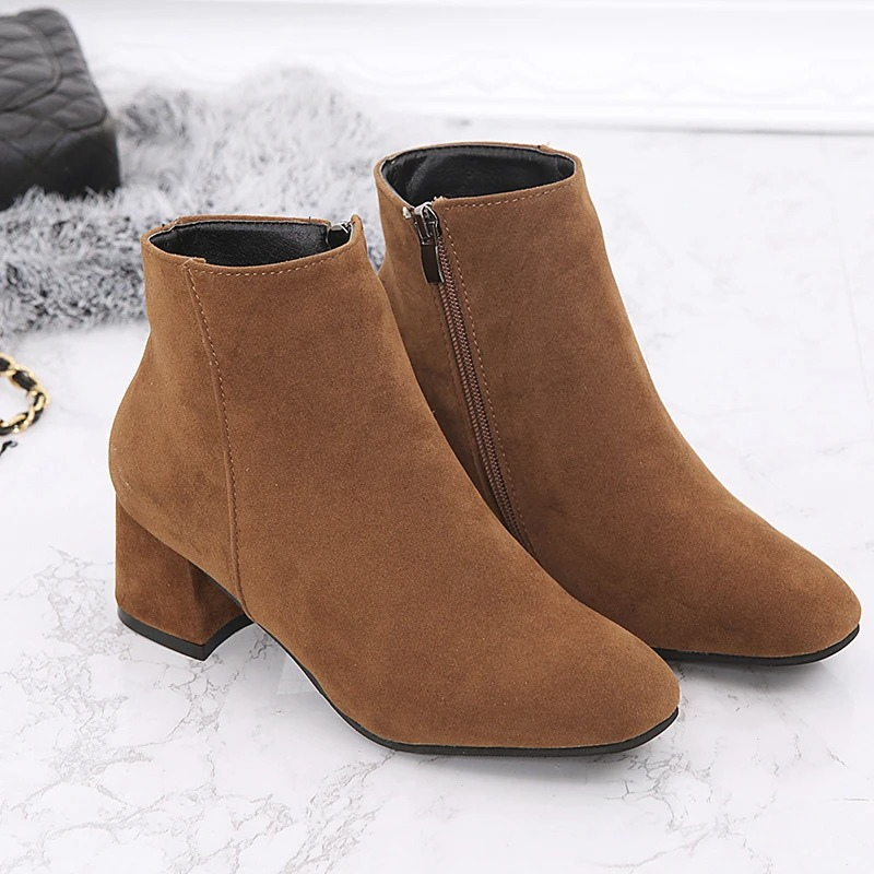 Women's Block Heel Ankle Boots with Zipper and Rounded Toe - Image 6