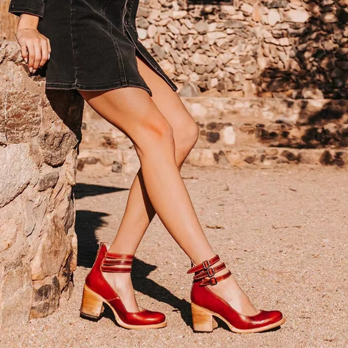 Women's Block Heel Pumps with Triple Ankle Strap and Cutout Side Panels - Image 9