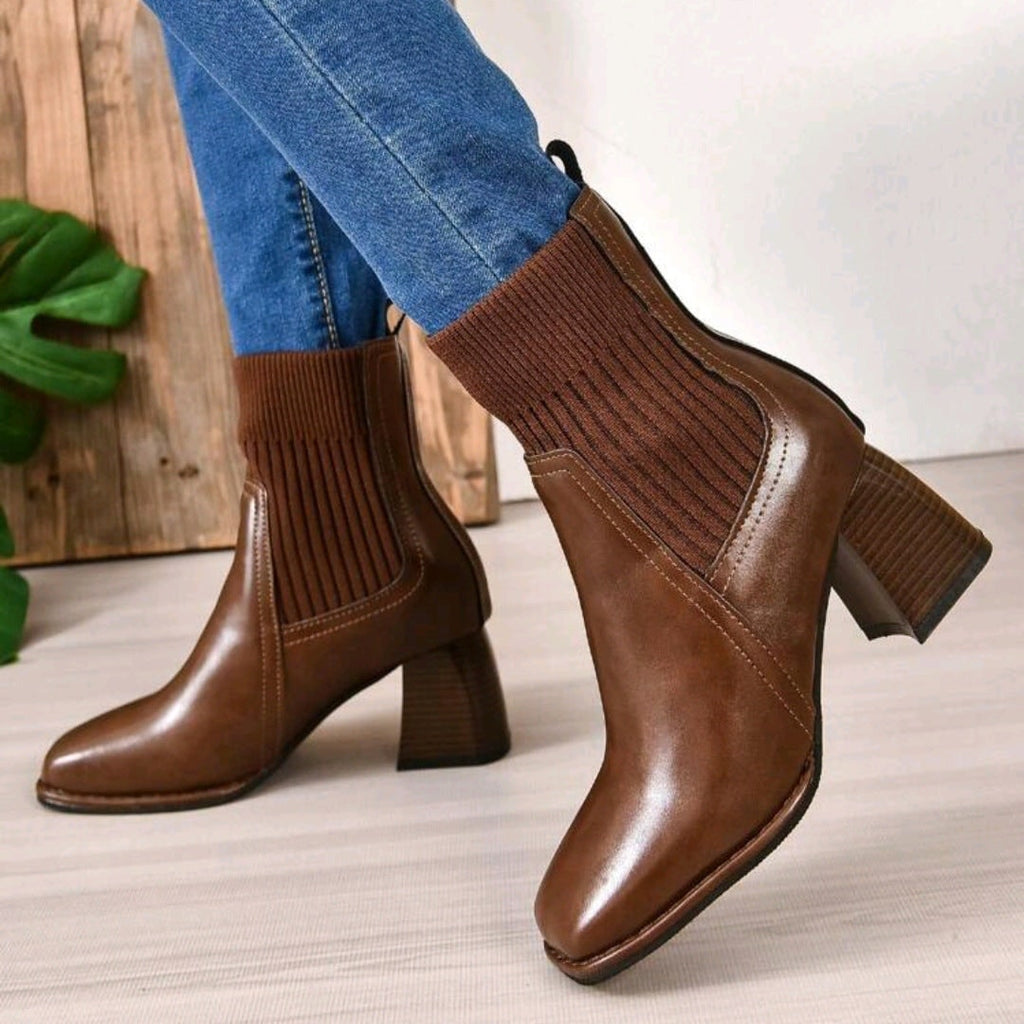 Women's Block Heel Sock Ankle Boots with Knit Shaft and Square Toe - Image 2