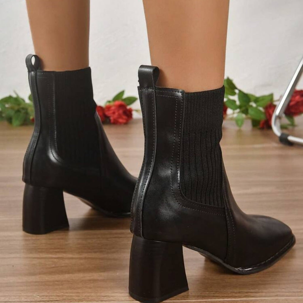 Women's Block Heel Sock Ankle Boots with Knit Shaft and Square Toe - Image 4