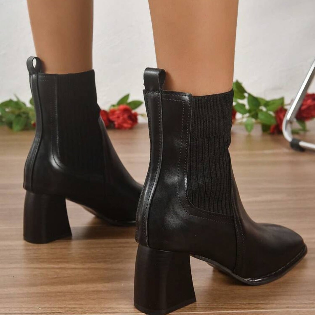 Women's Block Heel Sock Ankle Boots with Knit Shaft and Square Toe - Image 4