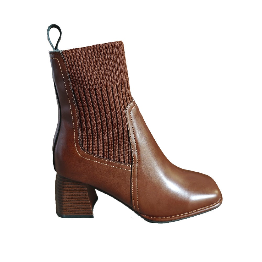 Women's Block Heel Sock Ankle Boots with Knit Shaft and Square Toe - Image 5