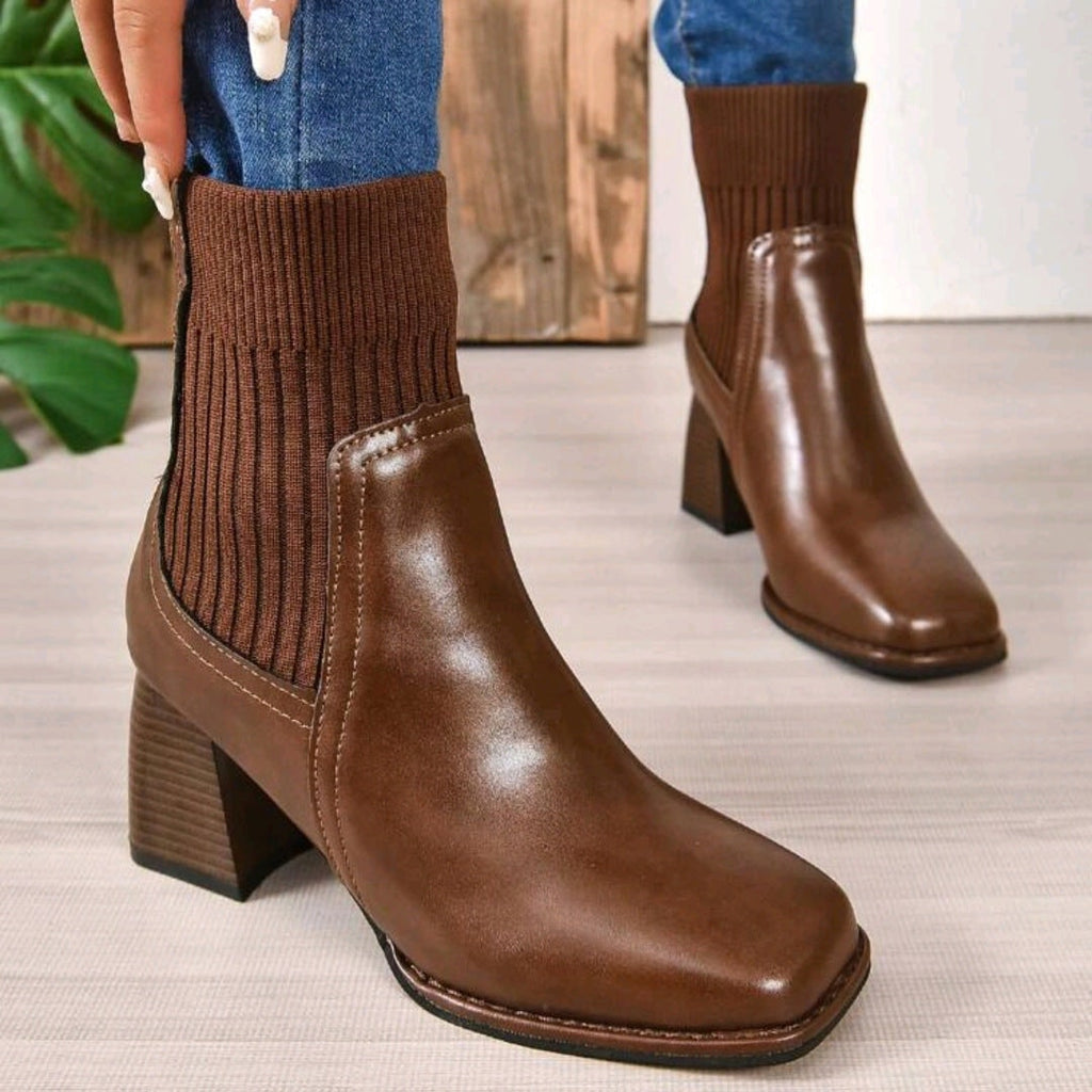 Women's Block Heel Sock Ankle Boots with Knit Shaft and Square Toe - Image 6
