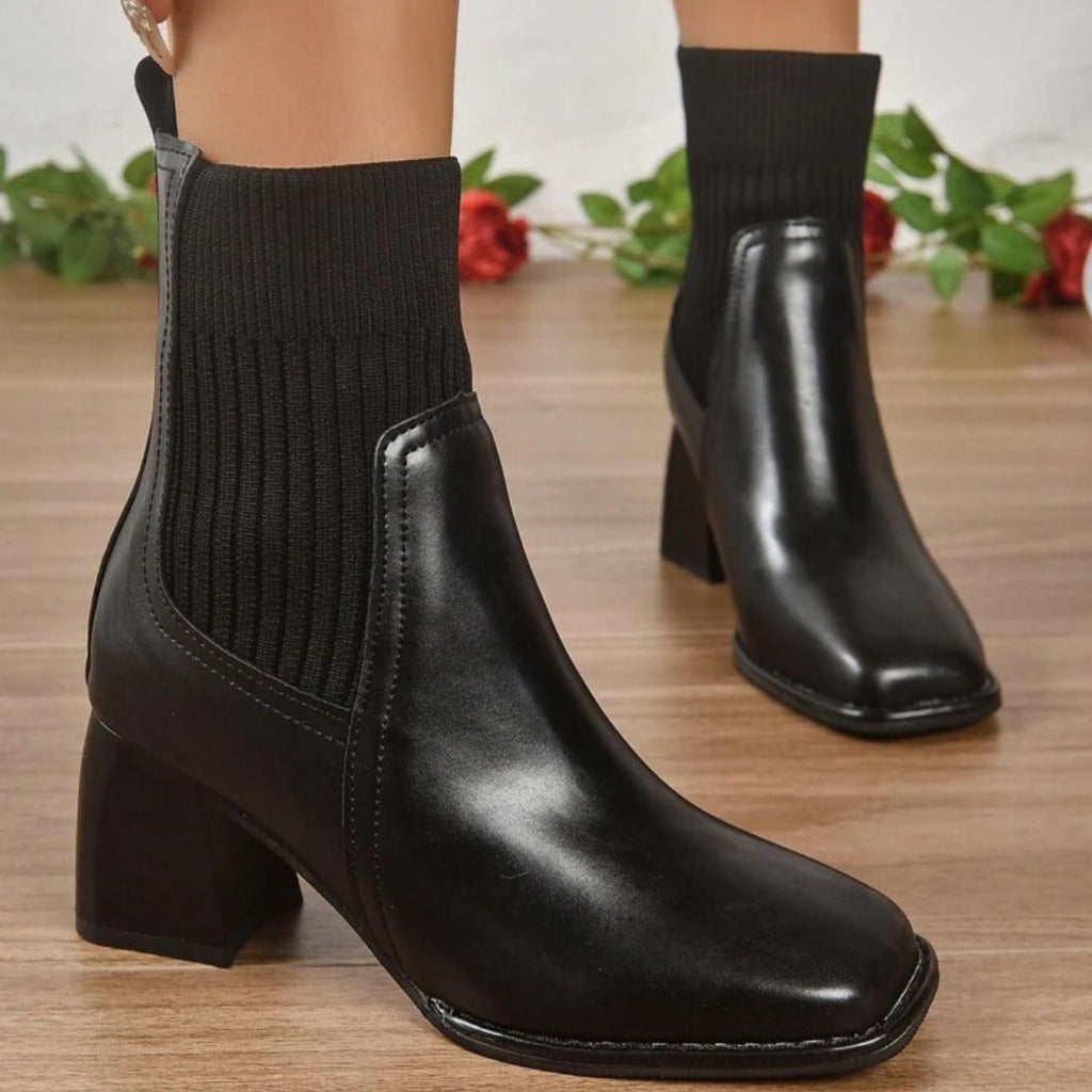 Women's Block Heel Sock Ankle Boots with Knit Shaft and Square Toe - Image 7
