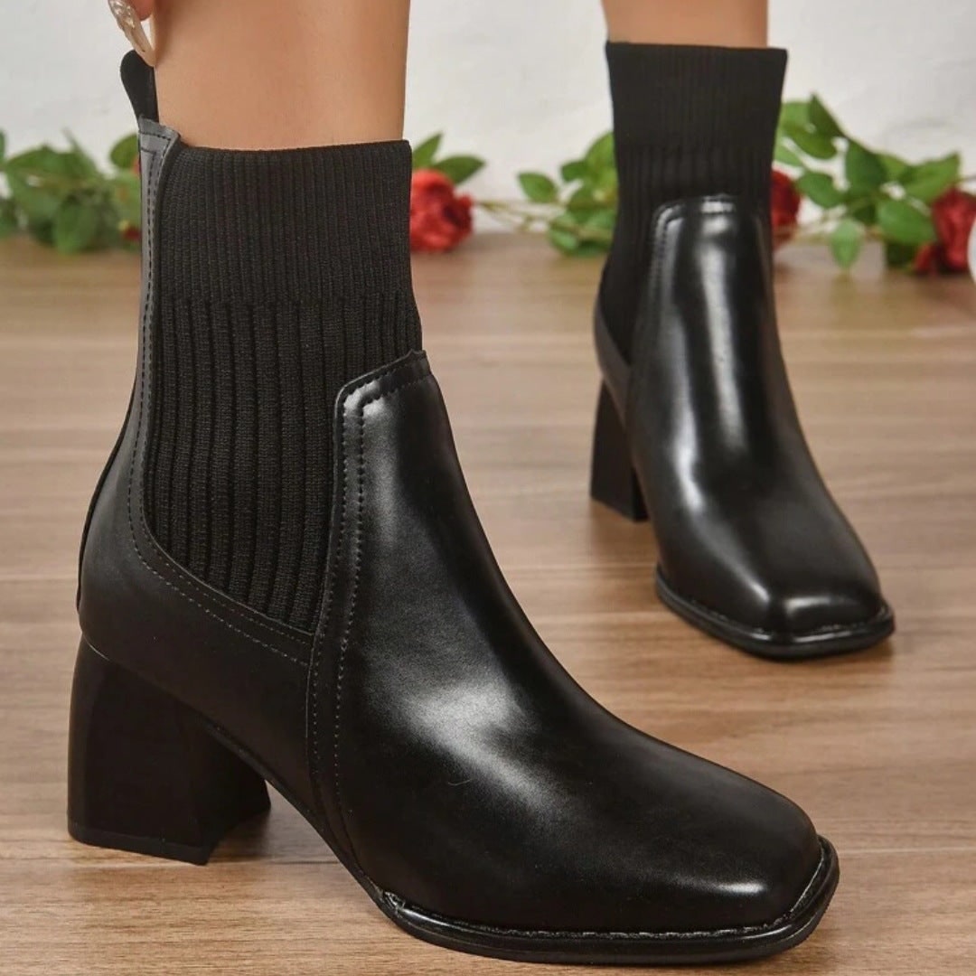 Women's Block Heel Sock Ankle Boots with Knit Shaft and Square Toe - Image 7