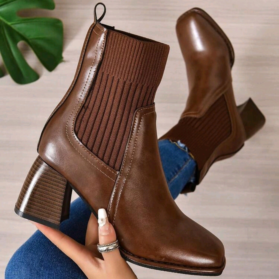 Women's Block Heel Sock Ankle Boots with Knit Shaft and Square Toe - Image 8